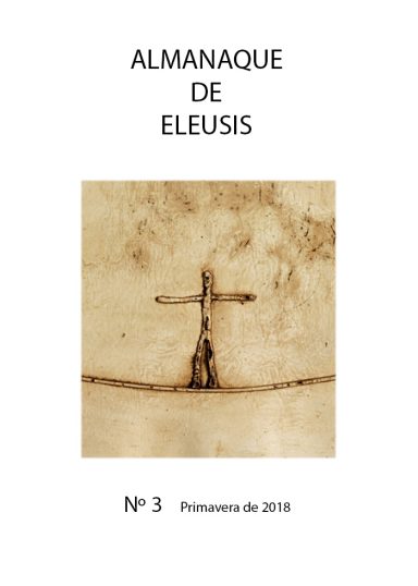 Portada de "Almanaque de Eleusis" con una figura que antropomorfa  que parece hacer funambulismo y texto en blanco.